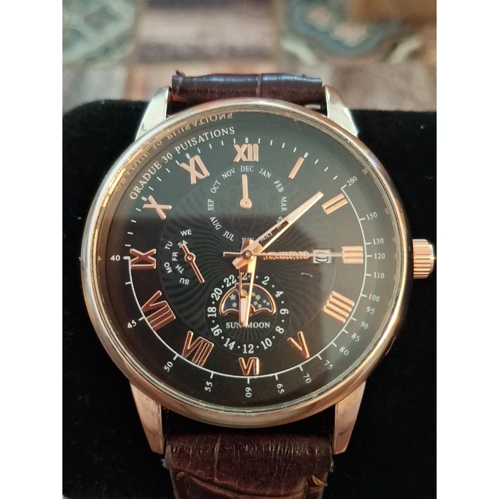 Mreurio 43mm Rose Gold Mens Chrono Watch. Brown  Alligator Embossed Band.